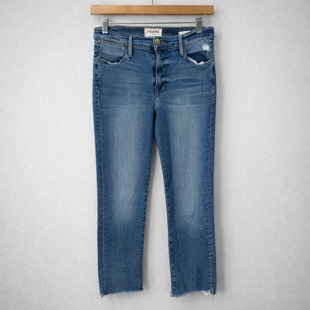 FRAME Women Jeans 27 Blue Le High Straight Raw Hem Roxton Wash Casual Classic
